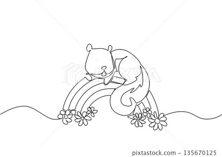 Continuous line drawing of adorable squirrel laying down on a floral rainbow, holding onto the arch with its bushy tail visible. Nature concept for cute woodland animal, charming for nursery print Continuous line drawing of adorable squirrel laying down on a floral rainbow, holding onto the arch with its bushy tail visible. Nature concept for cute woodland animal, charming for nursery print 135670125