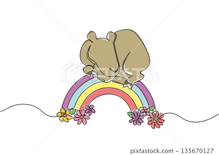 One line drawing nature concept for cute desert animal theme, depicting a lovable brown camel lying on a rainbow with flowers, charming for nursery prints and World Camel Day celebration. 135670127