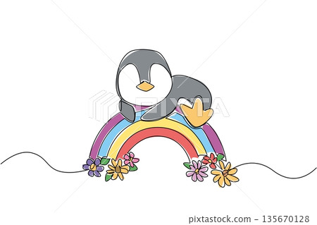 Continuous line draw of charming grey penguin resting or laying flat on its belly across colorful rainbow arc decorated with flowers. Nature concept for cute arctic animal, perfect for kids room decor 135670128