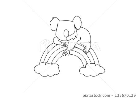 One line drawing of simple and cute koala resting peacefully on a rainbow grounded by billowy clouds. Nature concept for cute wild animal, charming for nursery decor and World Wildlife Day celebration 135670129