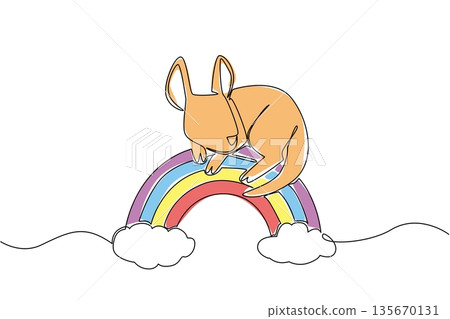 Single line drawing of sweet brown kangaroo resting its head on a rainbow arc, lounging comfortably between soft fluffy cloud. Nature concept for cute wild animal, ideal for Australia Day celebration 135670131