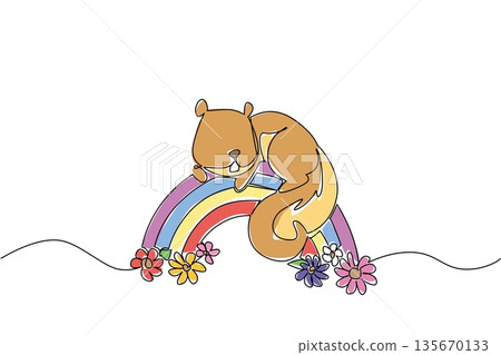 One line drawing of fluffy adorable brown squirrel lying on a rainbow surrounded by blooming flowers. Nature concept for cute woodland animal, charming for nursery print and Squirrel Appreciation Day One line drawing of fluffy adorable brown squirrel lying on a rainbow surrounded by blooming flowers. Nature concept for cute woodland animal, charming for nursery print and Squirrel Appreciation Day 135670133