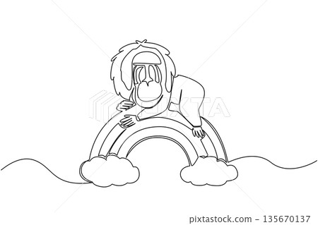 Continuous line drawing of unique mandrill primate resting its head on a rainbow arch positioned between two soft clouds. Nature concept for cute wild animal, unique for wildlife jungle nursery print 135670137