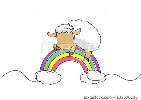 One line drawing nature concept for cute farm animal theme, depicting a fluffy sheep standing on a rainbow with clouds, charming for nursery wall art, kids event, and World Sleep Day graphics One line drawing nature concept for cute farm animal theme, depicting a fluffy sheep standing on a rainbow with clouds, charming for nursery wall art, kids event, and World Sleep Day graphics 135670138