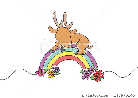 Cute animal laying down on the rainbow featuring a deer in a continuous line drawing style. Nature concept design shows the wildlife creature relaxing among the colorful garden flowers 135670140
