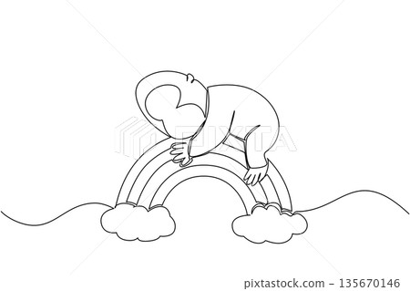 Peaceful illustration of a cute sleepy baby gorilla napping comfortably on a rainbow arch between two clouds in single line drawing style for a nature concept. Perfect for nursery decor and poster 135670146
