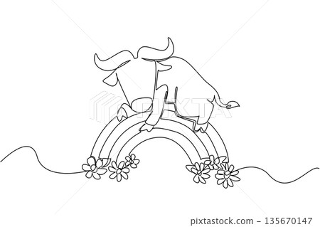 One line drawing of sweet buffalo with curved horns lounging on rainbow arc surrounded by flowers. Nature concept for cute farm animal, unique for nursery prints and agricultural appreciation design 135670147
