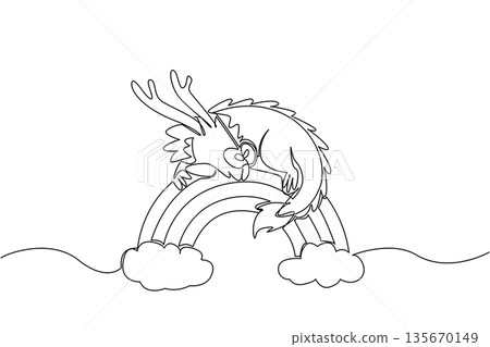 Single line drawing of majestic mythical dragon curled up and sleeping peacefully atop rainbow arch with clouds. Nature concept for cute fantasy creature, perfect for Chinese New Year celebration 135670149