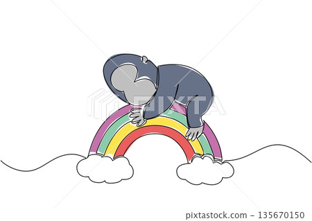 Continuous line drawing nature concept for cute wild animal theme, showing a gorilla quietly sleeping on a colorful rainbow with clouds, ideal for nursery wall art and World Gorilla Day celebration 135670150