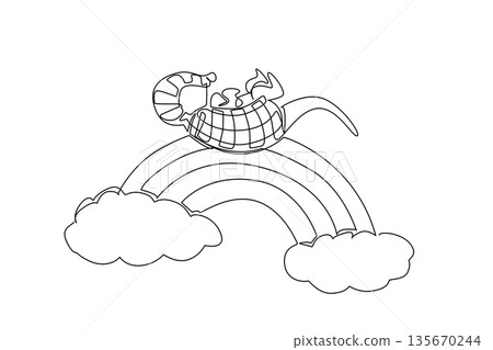 Continuous line drawing of cute strong armadillo animal sleeping supine on rainbow with clouds. Nature concept, World Mammal Day theme, adorable nursery illustration for kids sleep wear and school bag Continuous line drawing of cute strong armadillo animal sleeping supine on rainbow with clouds. Nature concept, World Mammal Day theme, adorable nursery illustration for kids sleep wear and school bag 135670244