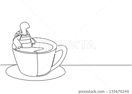 Continuous line drawing of cute playful tortoise shows cute animal soaking in coffee cup for nature concept. Unique design features the reptile for an international turtle day theme in minimalist. 135670249