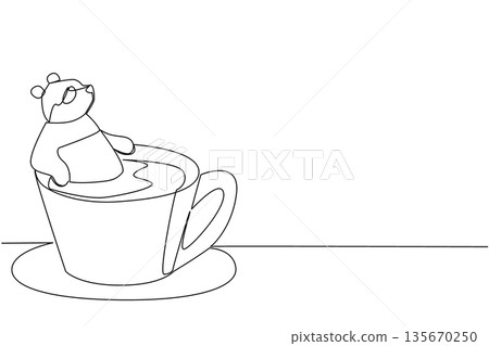 Single line drawing of adored panda for nature concept shows cute China animal soaking in coffee cup. Simple sketch fits an international coffee day theme with the favorite bear from East Asia Single line drawing of adored panda for nature concept shows cute China animal soaking in coffee cup. Simple sketch fits an international coffee day theme with the favorite bear from East Asia 135670250