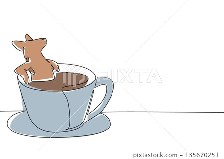 Continuous line drawing of charming brown hyena for nature concept features cute animal soaking in coffee cup. Colorful art represents an international coffee day theme with a playful mammal Continuous line drawing of charming brown hyena for nature concept features cute animal soaking in coffee cup. Colorful art represents an international coffee day theme with a playful mammal 135670251