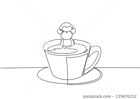 Single line drawing of cute monkey features playful animal soaking in coffee cup for nature concept. Minimalist adorable ape design represents an international cafe day theme for kids event decor 135670252