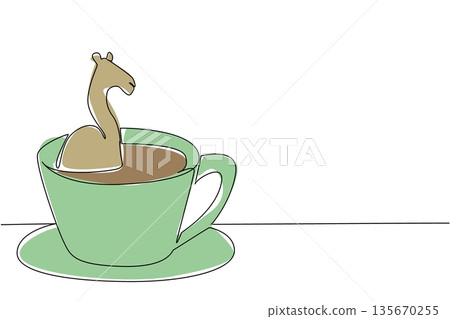 One line drawing of adorable cute camel features desert animal soaking in a coffee cup for nature concept. Colorful art is ideal for an international coffee day theme and kids room decor One line drawing of adorable cute camel features desert animal soaking in a coffee cup for nature concept. Colorful art is ideal for an international coffee day theme and kids room decor 135670255