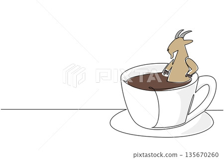One line drawing of adorable goat features the farm animal soaking in coffee cup for nature concept. Colorful art is ideal for an international coffee day theme and kids bedroom decoration One line drawing of adorable goat features the farm animal soaking in coffee cup for nature concept. Colorful art is ideal for an international coffee day theme and kids bedroom decoration 135670260