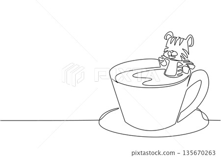 Continuous line drawing of playful cute tiger depicts giant animal soaking in coffee cup for nature concept. Simple illustration fits international wildlife day for big cat lovers and nursery print 135670263