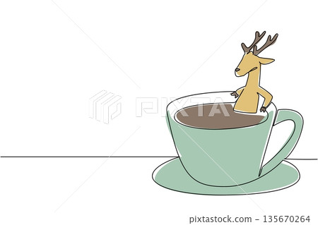 Continuous line drawing of playful animal shows brown deer soaking in coffee cup for nature concept. Colorful art is perfect for an international coffee day theme with an adorable fawn 135670264