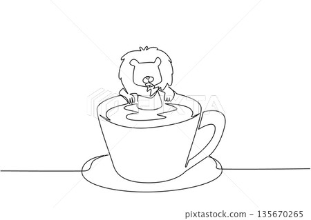 Single line drawing of strong lion shows cute animal soaking in coffee cup for safari nature concept. Unique design features the wild king for an international cafe day theme in minimalist style Single line drawing of strong lion shows cute animal soaking in coffee cup for safari nature concept. Unique design features the wild king for an international cafe day theme in minimalist style 135670265