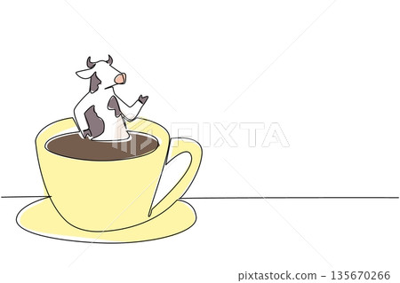 Single line drawing of adorable cow for nature concept features cute animal soaking in coffee cup. Colorful graphic celebrates an international cafe day theme with the spotted farm mammal 135670266