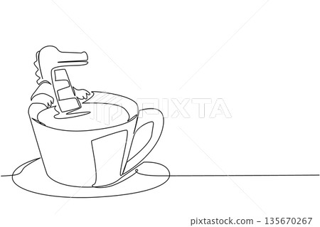 Continuous line drawing of playful crocodile shows cute animal soaking in coffee cup for nature concept. Unique design features the swamp reptile for an international reptile day theme in art 135670267
