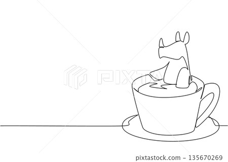 Single line drawing of adored rhinoceros for industry concept shows cute animal soaking in porcelain coffee cup. Simple sketch fits an international wildlife day theme with the strong horned mammal Single line drawing of adored rhinoceros for industry concept shows cute animal soaking in porcelain coffee cup. Simple sketch fits an international wildlife day theme with the strong horned mammal 135670269