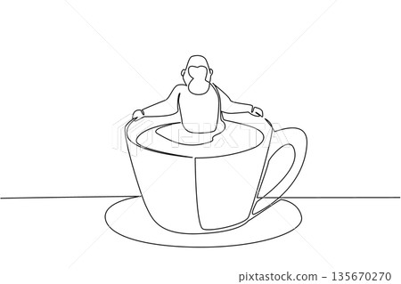 Continuous line drawing of cute gorilla depicts giant animal soaking in coffee cup for nature concept. Simple illustration fits an international coffee day theme for great ape lovers 135670270