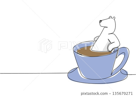 Single line drawing of white polar bear for nature concept features a animal soaking in coffee cup. Colorful art represents an international polar bear day theme and resto log with a playful mammal Single line drawing of white polar bear for nature concept features a animal soaking in coffee cup. Colorful art represents an international polar bear day theme and resto log with a playful mammal 135670271