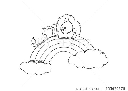 Single line drawing of a cute lion sleeping supine on a rainbow. Nature concept and unique artwork features the wildlife mammal resting above the clouds, ideal for kids nursery decor and wall decor 135670276