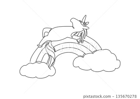 Continuous line draw of cute majestic magical mythical unicorn sleeping supine on a rainbow. Fantasy concept design captures a magic theme for princess parties. Minimalist art for kids birthday card Continuous line draw of cute majestic magical mythical unicorn sleeping supine on a rainbow. Fantasy concept design captures a magic theme for princess parties. Minimalist art for kids birthday card 135670278