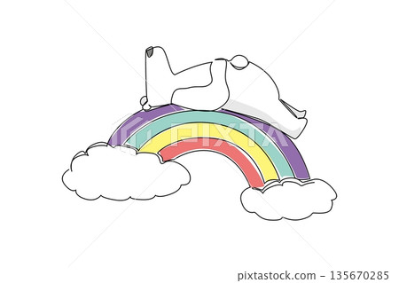 Continuous line drawing of lovable white polar bear napping comfortably in supine position on vibrant rainbow arc resting between two soft clouds. Nature concept arctic theme for World Polar Bear Day 135670285