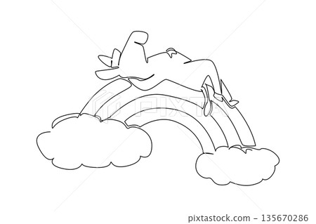 Continuous line drawing of cute burro baby donkey sleeping supine on a rainbow. Nature concept design features a farm and rural animal theme for rural life. Minimalist art for petting zoo flyer Continuous line drawing of cute burro baby donkey sleeping supine on a rainbow. Nature concept design features a farm and rural animal theme for rural life. Minimalist art for petting zoo flyer 135670286