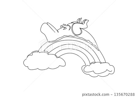 Single line drawing of cute t rex animal sleeping in a supine position on the rainbow for the nature concept. Unique artwork features fantasy prehistoric dinosaur resting above the clouds in a style 135670288