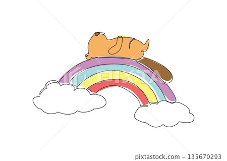 Single line drawing of whimsical builder brown beaver relaxing in supine position on vibrant rainbow arc between two soft, white clouds. Nature concept river animal theme for International Beaver Day Single line drawing of whimsical builder brown beaver relaxing in supine position on vibrant rainbow arc between two soft, white clouds. Nature concept river animal theme for International Beaver Day 135670293