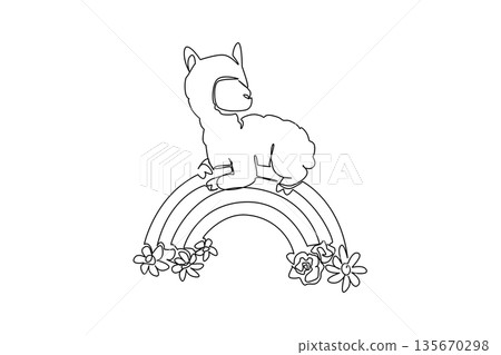 Continuous line draw of fluffy lovable alpaca napping peacefully on a rainbow arc decorated with blooming flowers. Nature concept for cute farm animal, unique for nursery prints and kids room decor Continuous line draw of fluffy lovable alpaca napping peacefully on a rainbow arc decorated with blooming flowers. Nature concept for cute farm animal, unique for nursery prints and kids room decor 135670298