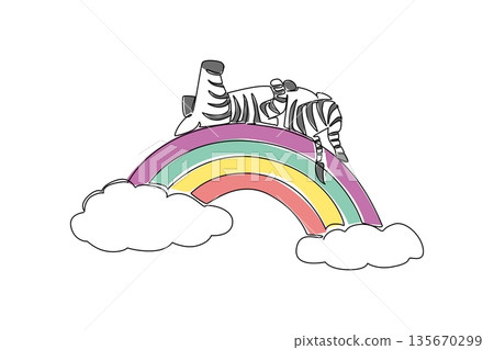 One line drawing of striped baby zebra taking cozy nap in supine position across a vibrant rainbow arc between two soft, white clouds. Nature concept safari theme for International Zebra Day 135670299