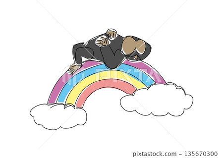 Single line drawing of a gentle gorilla ape snoozing and sleeping supine on rainbow. Nature concept illustration depicts a primate theme for World Gorilla Day. Cute vector design for zoo banner 135670300