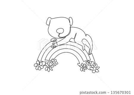One line drawing of simple and cute meerkat resting peacefully on rainbow grounded by billowy clouds. Nature concept for cute wild animal, charming for nursery print and World Meerkat Day celebration 135670301