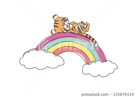 Continuous line drawing of striped tiger cub resting comfortably on its back in supine position atop vibrant rainbow arch. Nature concept ideal for vibrant jungle themes and kids stationery design 135670310