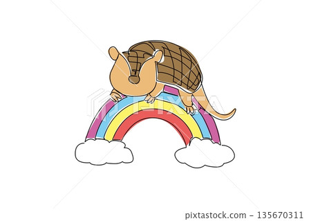 One line drawing of cute and strong armored armadillo curled up on a colorful rainbow with fluffy clouds below. Nature concept for cute wild rainforest animal, ideal for nursery prints and wall decor One line drawing of cute and strong armored armadillo curled up on a colorful rainbow with fluffy clouds below. Nature concept for cute wild rainforest animal, ideal for nursery prints and wall decor 135670311