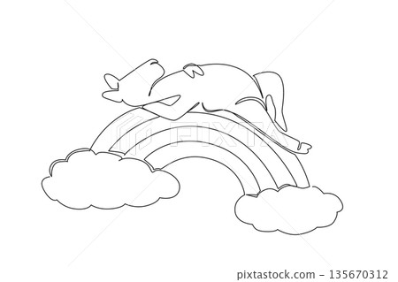 One line drawing of dromedary whimsical camel appearing light and gentle while sleeping in a supine position peacefully on a rainbow arc. Nature concept art desert theme for World Camel Day One line drawing of dromedary whimsical camel appearing light and gentle while sleeping in a supine position peacefully on a rainbow arc. Nature concept art desert theme for World Camel Day 135670312