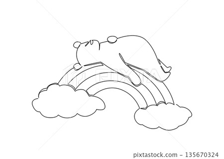 Single line draw of sweet brown bear lying on its back in relaxed supine pose, resting atop rainbow arch with fluffy clouds. Nature concept forest theme for World Bear Day and kids nursery wall decor 135670324