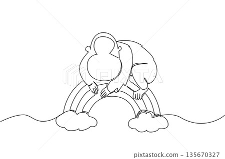 One line drawing of peaceful orangutan draped over rainbow arch, grounded by two soft clouds. Nature concept for cute jungle animal theme, charming for nursery prints and International Orangutan Day 135670327