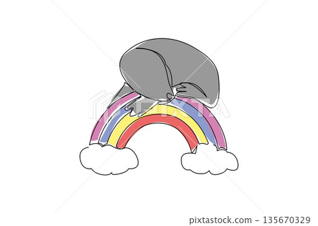 Single line drawing of adorable and cute sea lion resting peacefully on a colorful rainbow arc with two soft clouds. Nature concept for cute marine animal theme, perfect for nursery decor Single line drawing of adorable and cute sea lion resting peacefully on a colorful rainbow arc with two soft clouds. Nature concept for cute marine animal theme, perfect for nursery decor 135670329