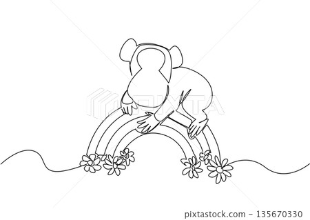 Playful adorable chimpanzee sitting and relaxing on top rainbow with floral crown. Nature concept for cute wild animal theme, perfect for nursery decor and World Chimpanzee Day celebration artwork 135670330