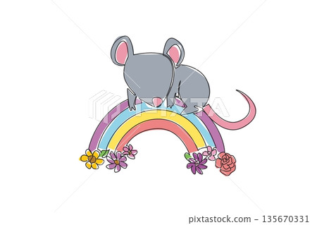 Single line drawing of sweet rat lying down comfortably on top of vibrant rainbow arc decorated with blooming meadow flower. Nature concept for cute pet, perfect for kids room decor and World Rat Day Single line drawing of sweet rat lying down comfortably on top of vibrant rainbow arc decorated with blooming meadow flower. Nature concept for cute pet, perfect for kids room decor and World Rat Day 135670331
