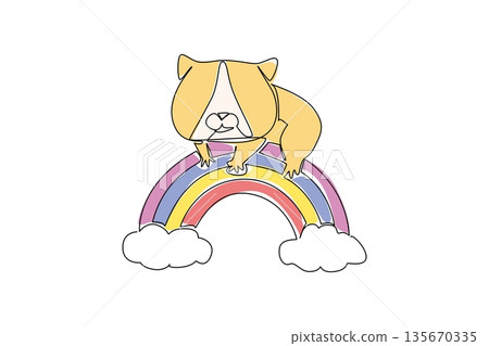 One line draw of charming little hamster resting comfortably on rainbow arc grounded by fluffy soft clouds. Nature concept for cute pet, perfect for nursery wall art and World Hamster Day celebration 135670335
