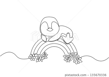 Single line drawing of charming penguin sliding or laying flat on its belly across a rainbow arc decorated with flowers. Nature concept for cute arctic animal theme, perfect for kids room decor 135670336