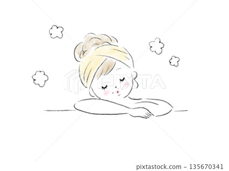年輕女子沐浴的上半身插圖,表情放鬆。 年輕女子沐浴的上半身插圖,表情放鬆。 135670341