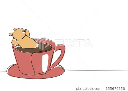 One line drawing of colorful playful beaver depicts cute river animal soaking in coffee cup for nature concept. Brown creature design celebrates international beaver day in whimsical art style 135670350
